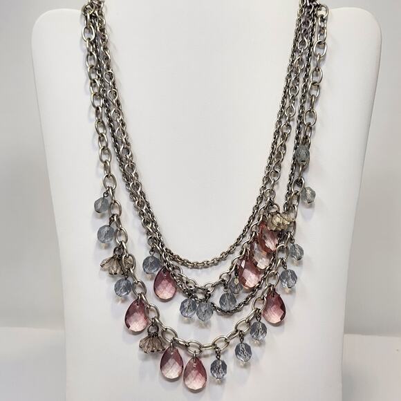 Ann Taylor Loft Layered Multi Chain Necklace Silver Tone Pink Blue Bead Workwear - Picture 1 of 6